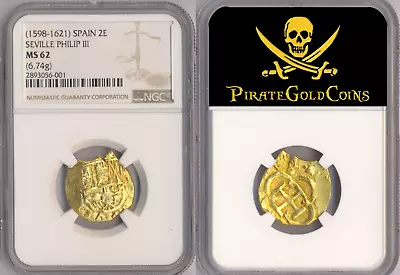 Atocha 1622 Mel Fisher Coa Ngc 62 Spain 2 Escudos 1598-21 Pirate Gold Coins Cob • $95500