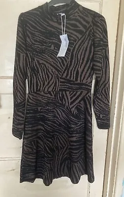  Bnwt Warehouse Two Toned Jacquard Dress Zebra Print Skater Long Sleeve Size 8 • £12.50