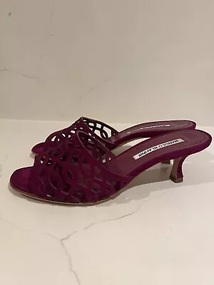 MANOLO BLAHNIK Fuchsia Suede Laser Cut Mule Sandal Heel- Size 38/US 8 • $150