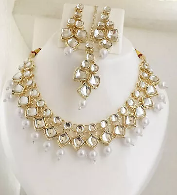 Indian Kundan Pearl Necklace Earring Tikka Bollywood GoldTone Bridal Jewelry Set • $28.59