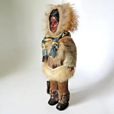 Vintage Alaskan Native Doll 7.5  Fur & Seal Skin Tourist Souvenir Plastic Face • $25