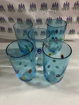 Millefiori Murano Art Blue Glass Drinking Glasses SET OF 5 Handblown • $75