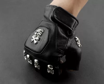 Mens Real Leather Skull Punk Rocker Driving Motorcycle Biker Fingerless Gloves • $20