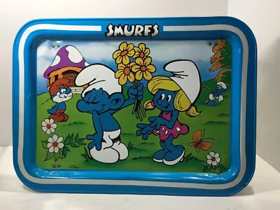 Rare Vintage SMURFS Table Top TV Tray Peyo Papa Bashful Smurfette Metal Blue • $99.99