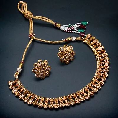 Indian Bollywood Gold Plated Kundan Choker Bridal Necklace Earrings Jewelry Set • $18.50