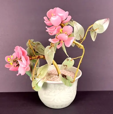 Vtg Chinese Glass Stone Jade 8  Bonsai Tree Pink Flower Blossom Celadon Pot SEE • $29.50