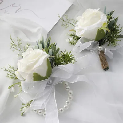 For Wedding Flower Rose Wrist Corsage Wristlet Band Bracelet Men Boutonniere Set • £6.39