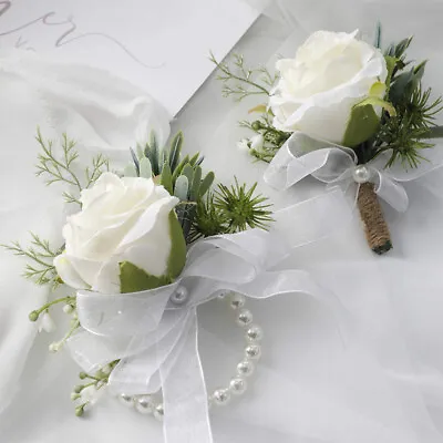 Hot Wedding Flower Rose Wrist Corsage Wristlet Band Bracelet Men Boutonniere Set • £5.39