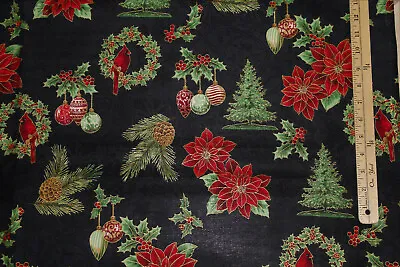 Joyful Traditions Poinsettia Cardinal Ornaments Christmas Fabric 23   #7750-4 • $5.19