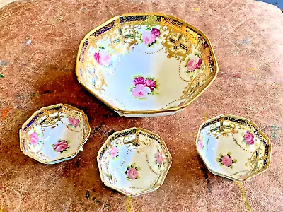 Ornate Antique Nippon 3 Feet Nut Bowl & 3 Small Matching Bowls Set Roses & Gold • $9