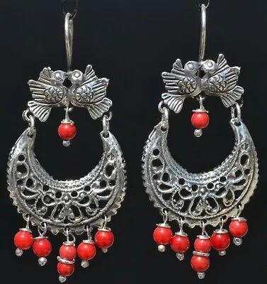 Taxco Mexican 925 Silver Kissing Birds Coral Dangle Earrings Frida Kahlo Style • $65.44