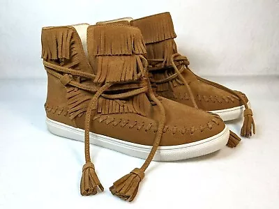 J Slides Fringed Bootie Moccasin NYC Poca Women 7.5 Sneaker Tan Brown Suede Boot • $17.93