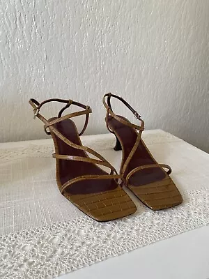 STAUD Gita Yan Leather Sandals In Brown Croc • $105
