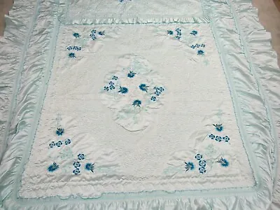 Vtg Satin Bedspread FULL Quilted Blanket Embroidered • $125