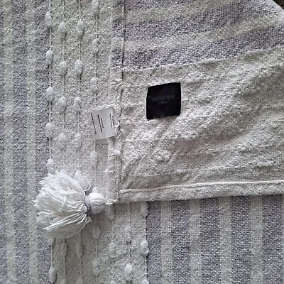 Magaschoni Throw Blanket India White Blue Pom Pom Stripe Decorative Soft Boho • $24.99