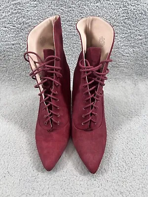Nine West Burgundy Suede Lace Up Pointy Toe Booties Red Boots/ Heels. Size 9M • $17