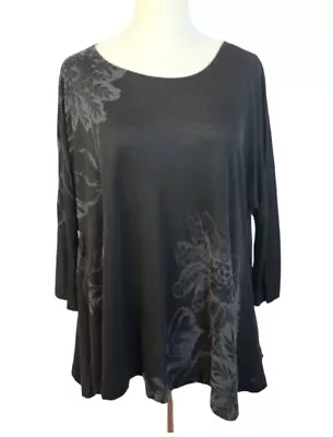 Desigual Size XL 16 Black Lightweight Relaxed Fit Flocked Floral 3/4 Casual Top • $34.95