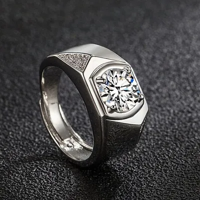 Mens Large Silver Shiny Diamond Gemstone Bling Icy Ring Adjustable Jewelery  • £4.99