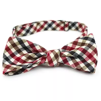 Vintage Handmade Brown/Red/Navy Gingham Check Cotton Self-Tie Bow Tie Adjustable • $24.99