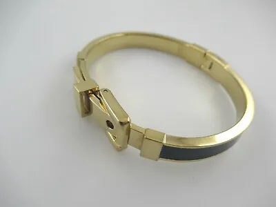 Signed Michael Kors Gold Tone & Dark Blue Enamel Hinged Bangle Buckle Bracelet • $17.50