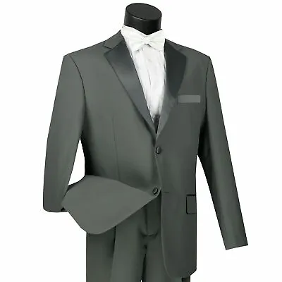 LUCCI Men's Gray Classic Fit Formal Tuxedo Suit W/ Sateen Lapel & Trim NEW • $80