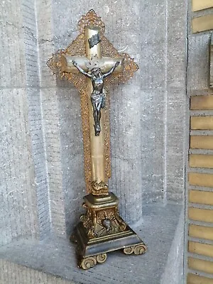 $145 • Buy Antique Altar Chapel Standing Gild Wood Filigree Cross Crucifix Metal Corpus