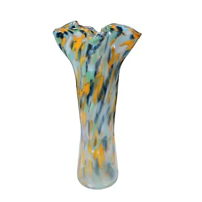 Vintage Orange/Yellow And Blue Wavy Mottled Murano Glass Large Vase • $195