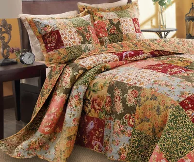 COUNTRY FARMHOUSE XXL PATCH 3p KING BEDSPREAD SET : RED GREEN ANTIQUE VINTAGE • $159.45