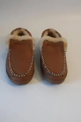 Mens Cabela's Brown Leather Shearling Lined Moccasin Slippers Shoes 8 * • $29.99