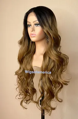 Honey Blonde Wig Ombré Dark Brown  4/27 Lace Front Middle Part 24 Inch Long Wavy • $49