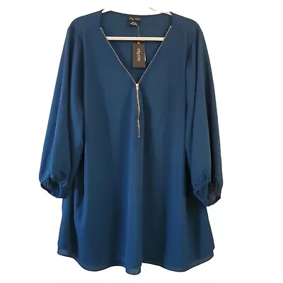 City Chic Blouse XXL Teal Blue Sexy Fling Zip Front 3/4 Sleeve Top Relaxed  NWT • $59.82