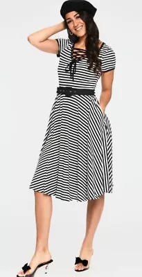 Houdini Black And White Stripe Midi Skater Dress By Voodoo Vixen Size Small NWT  • $27.99