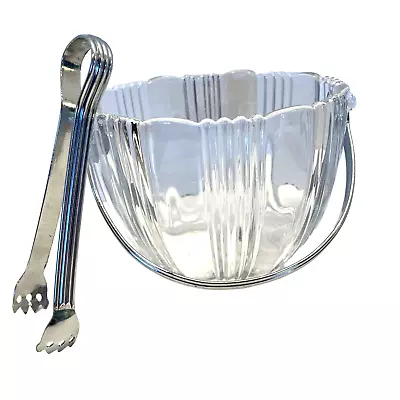 Vintage Clear Glass Ribbed Ice Bucket C/Original Metal Handle & Ice Tongs Deco • $25