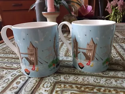 Pair Cath Kidston Mugs London Churchill Bone China Blue Tourist Attractions • £12