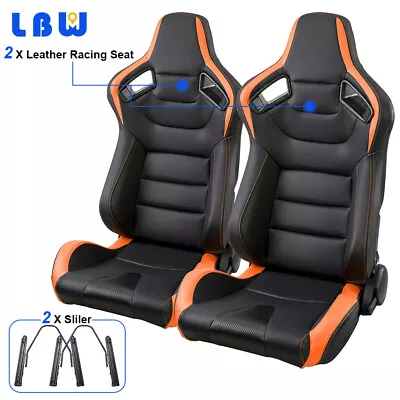 2x Racing Seats Black + Orange Stitching Pu Leather Adjustable Seats W/2 Sliders • $398.59