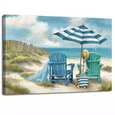 Blue Ocean Beach Chairs Vibrant 11.8  X 15.7  Framed Canvas Wall Art NEW! • $13.98