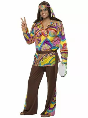 Psychedelic Hippie Costume Mens Hippy Retro 60s 70s Disco Fancy Dress Woodstock • $52