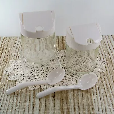 2pc Vintage Jelly Jar Condiment Dish Glass Jar Plastic Lid Spoon White Off White • $24.95