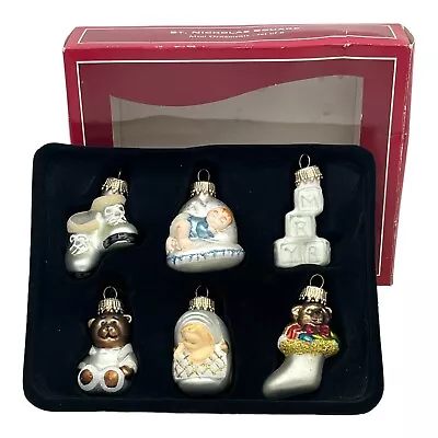 Mini Christmas Ornaments Baby 1st Boy Themed Glass St Nicholas Square Set Of 6 • $6.99