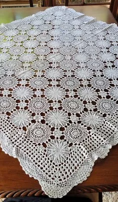 Vintage White 1960's Medallion Handmade Crochet Lace TableCloth 135cm Never Used • $35.40