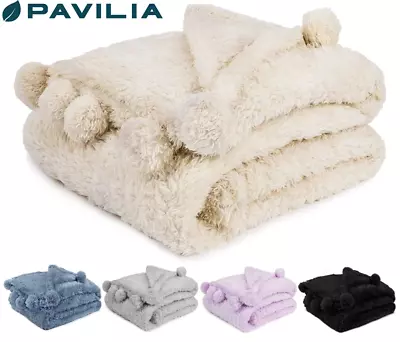 Soft Fuzzy Cozy Pom Pom Throw Blanket With Fluffy Sherpa Fleece For Sofa Couch • $26.99