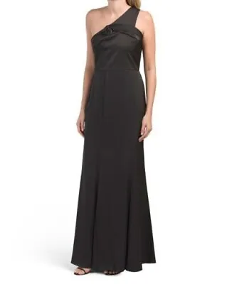 NWT AIDAN MATTOX BLACK One Shoulder Satin Gown PROM Party Rose Detail Sz 6 $395 • $74.99