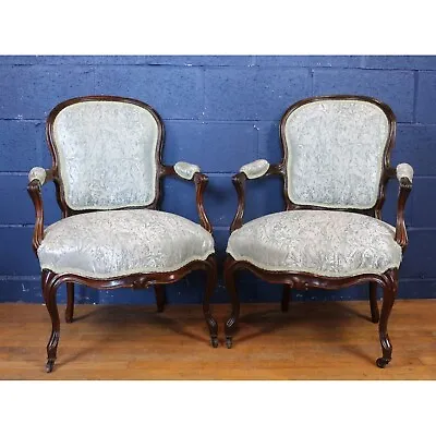 Pair Of Early C20th French Carved Walnut Open Arm Chairs Raised On Cabriole Legs • £360