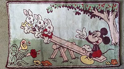 1947 Disney Mickey Mouse Seesaw Bunnies 21.25 X35.25  Woven Tapestry Rug JD • $27.99