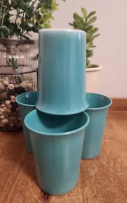 Vtg  Hazel Atlas Platonite 4  Milk Glass Ovide Tumbler Fired-On Turquoise Set 4  • $19