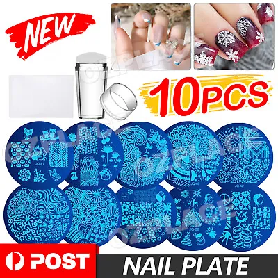 10Pcs Stamping Plate+Clear Silicone Stamper+Scraper Nail Art Image Stamp Kit AU • $12.95