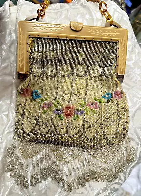Antique Micro Beaded Hand Made Mesh Purse W/ Celluloid Handle  7 H X 5-1/2 W • $39.95