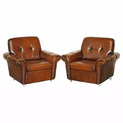 Pair Of Fully Restored Vintage Dutch Mid Century Modern Brown Leather Armchairs • $3673.05