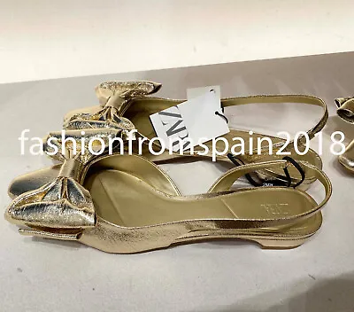 Zara New Woman Low-heel Metallic Slingback Shoes With Bow Shoes Gold 2519/310 • $59.96