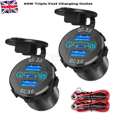 12V 24V Dual QC 3.0 USB PD Type-C Fast Car Charger Socket Adapter Power Outlet • £9.29